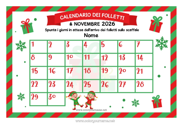 Pagina da colorare da stampare Elfo di Natale Calendario dell'avvento Calendari e pianificatori