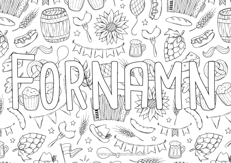 Färgläggningssida att skriva ut Dryck Skördefest Tyskland Pretzel Dekorativ bakgrund Öl Oktoberfest Korv