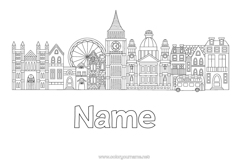Colouring page to print London United Kingdom Bus, Car Cityscape Land Public Transport Monument City Of The World Skyline London Bus