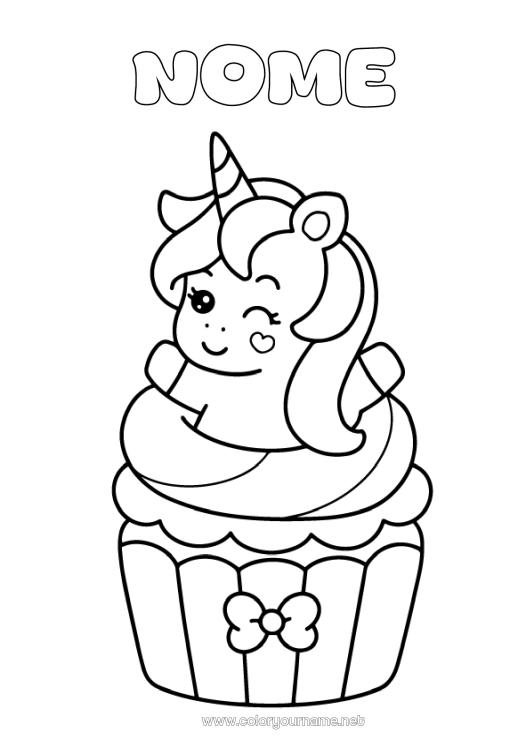 Pagina da colorare da stampare Kawaii Unicorno Cupcake Disegni da colorare facili Draghi, unicorni e animali fantastici