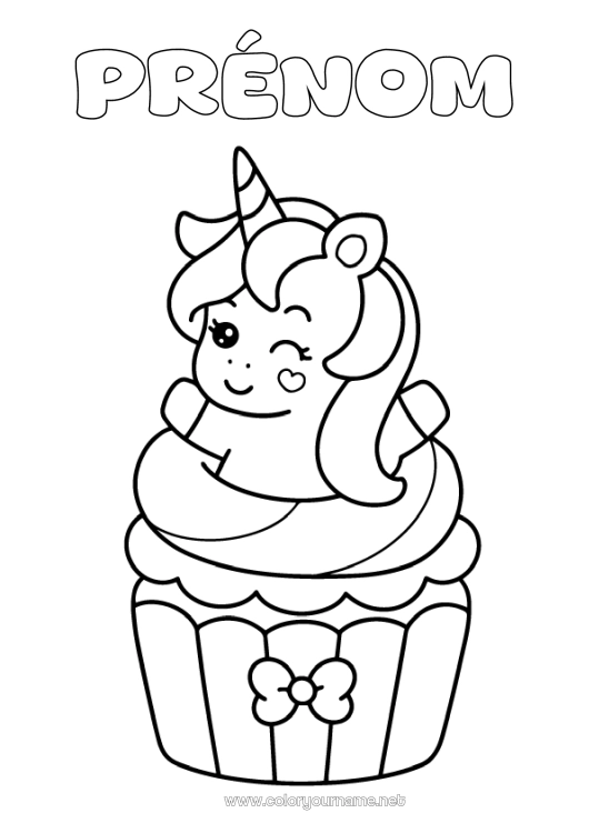 Coloriage à imprimer Kawaii Licorne Animal Cupcake Coloriages faciles Dragons, licornes et animaux fantastiques