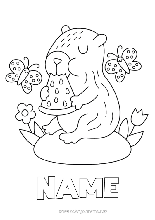 Coloring page to print Butterfly Fruits Insects Other animals of the world Watermelon Capybara