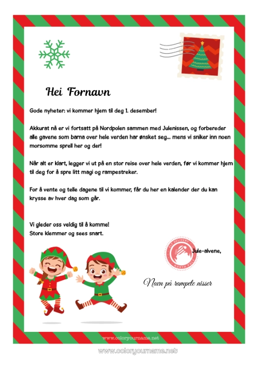 Fargeleggingssiden til utskrift Julealver Brev fra rampete nisser Julekalender Kalendere og planleggere Ankomstbrev fra nissen