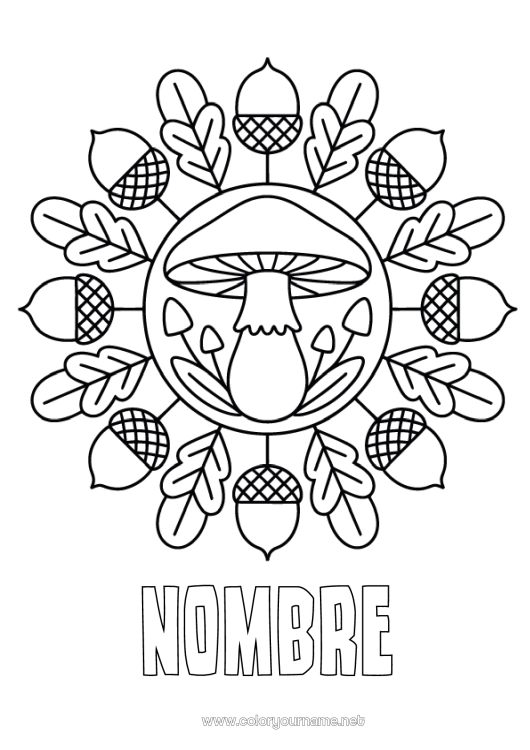 Dibujo para colorear para imprimir Mandala Otoño Champiñone Dibujos fáciles para colorear Bellota
