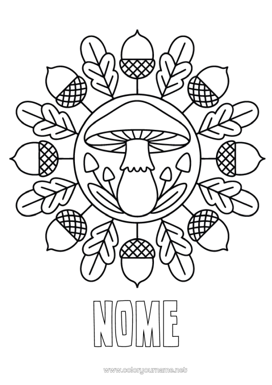 Pagina da colorare da stampare Mandala Autunno Fungo Disegni da colorare facili Ghianda