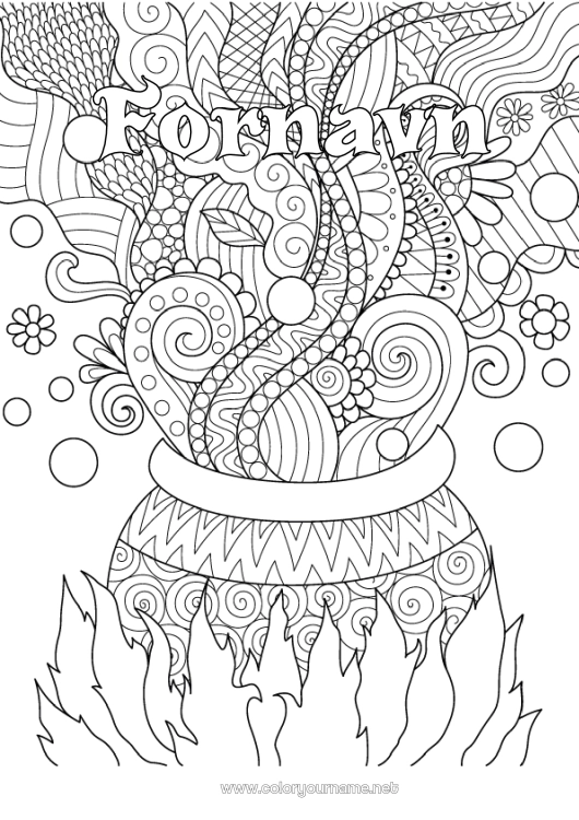 Farvelægningssiden til udskrivning Magisk gryde Halloween Komplekse farvelægninger Zentangle