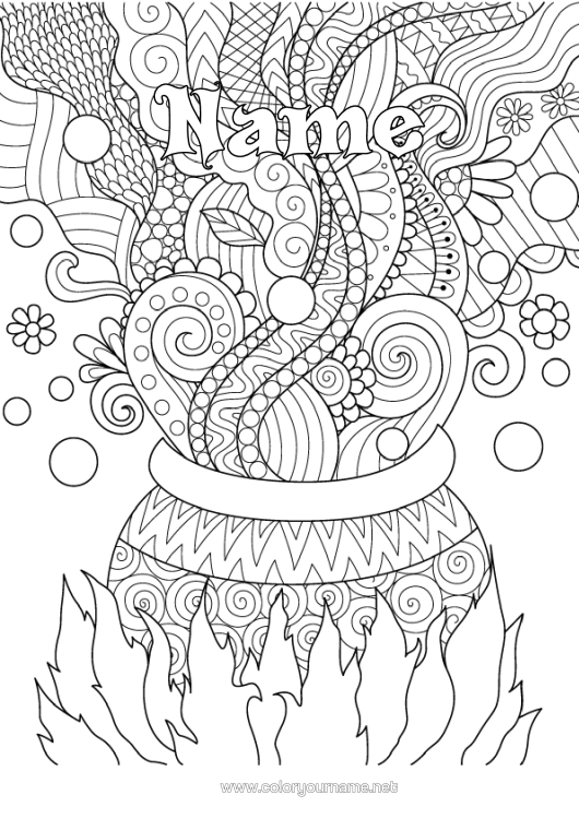 Colouring page to print Magic Cauldron Halloween Complex Colouring Pages Zentangle