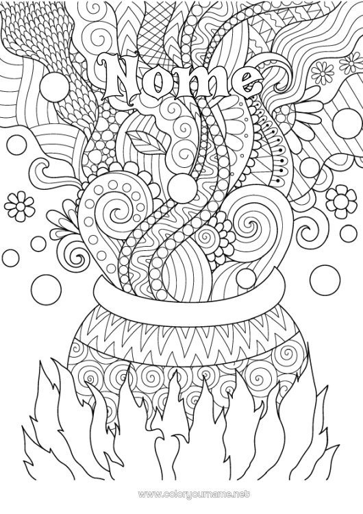 Pagina da colorare da stampare Calderone magico Halloween Colorazioni complesse Zentangle