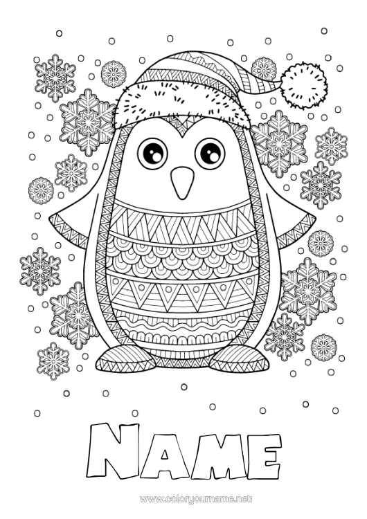 Colouring page to print Snow Winter Mandala Penguin, Tuxedo Snowflakes Animal Birds And Flying Mammals Winter Hat