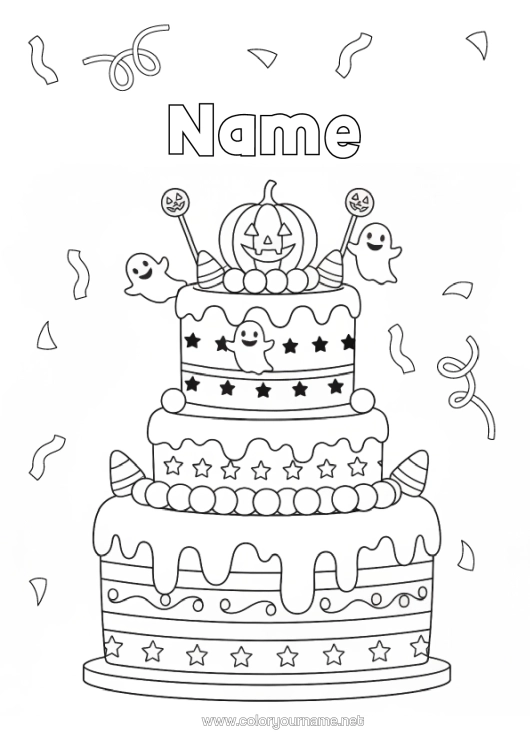 Colouring page to print Ghost Pumpkin Cake Halloween Birthday Autumn Jack O'lantern Birthday Cake