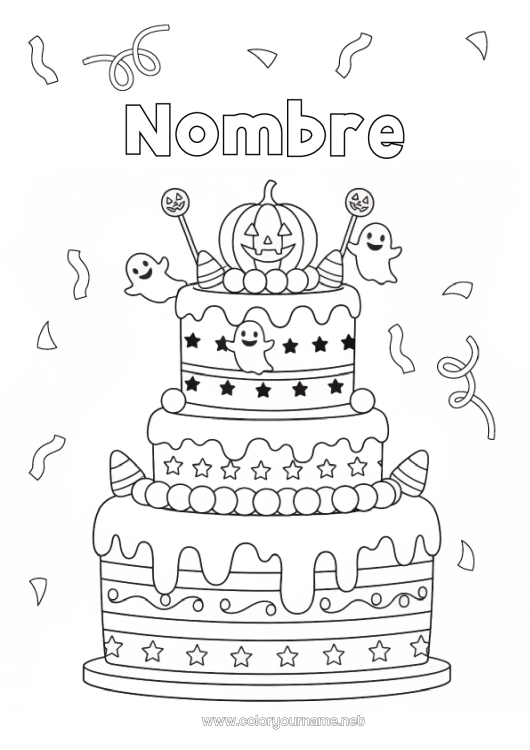 Dibujo para colorear para imprimir Fantasma Calabaza Tarta Halloween Cumpleaños Otoño Jack O'Lantern Pastel de cumpleaños