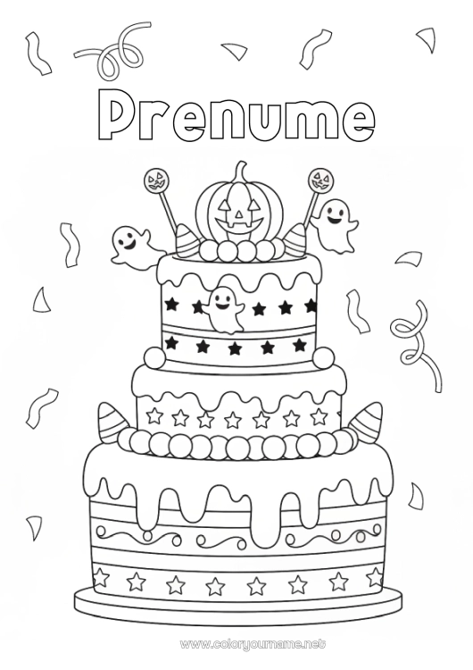 Pagină de colorat de imprimat Fantomă Dovleac Tort Halloween Aniversare Toamnă Jack cu lampa Tort de ziua de naștere