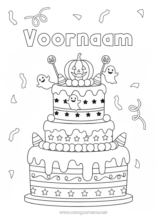 Kleurplaat om af te drukken Spook Pompoen Taart Halloween Verjaardag Herfst Jack O'Lantern Verjaardagstaart