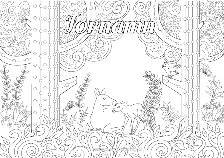 Färgläggningssida att skriva ut Djur Rådjur Träd Zentangle Skogens djur Hjort