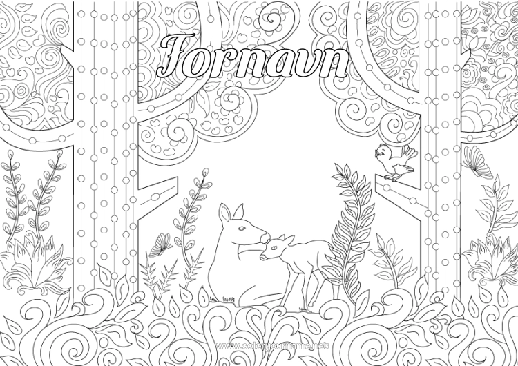 Fargeleggingssiden til utskrift Dyr Hjort Tre Zentangle Skogsdyr Hjort