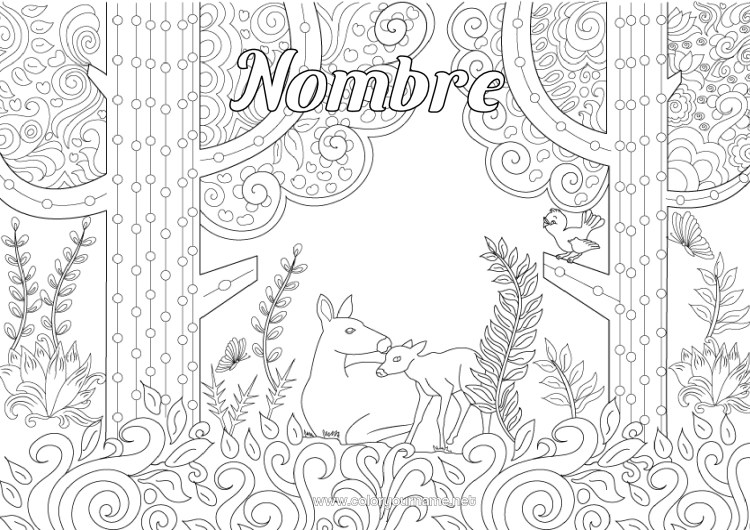 Dibujo para colorear para imprimir Animales Cierva Árbol Zentangle Animales del bosque Ciervo