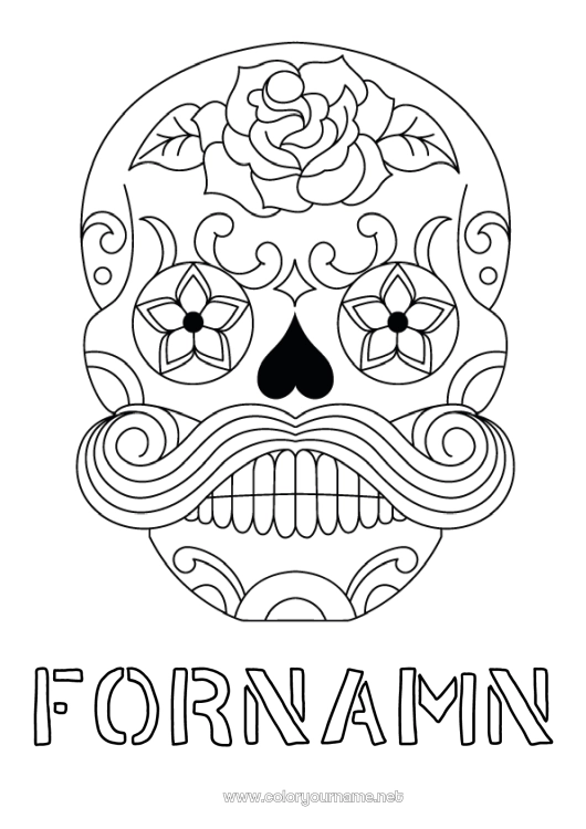 Färgläggningssida att skriva ut Skalle De dödas dag Mustasch Calaveras, dödskallar