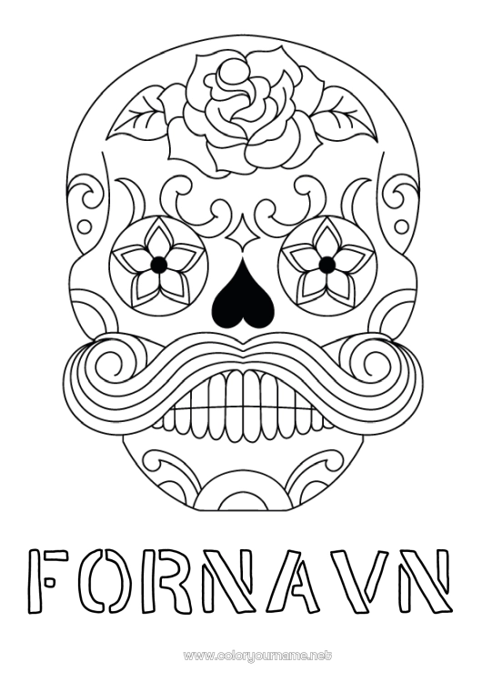 Fargeleggingssiden til utskrift Kranium De dødes dag Bart Calaveras, hodeskaller