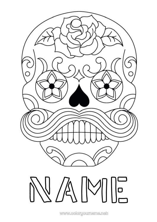 Coloring page to print Skull Día de los Muertos Moustache Calaveras, skulls