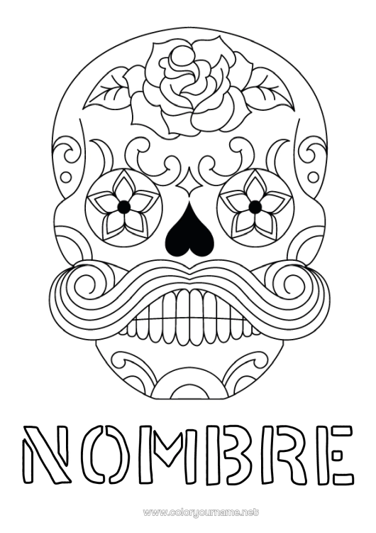 Dibujo para colorear para imprimir Calavera Día de los Muertos Bigote Calaveras