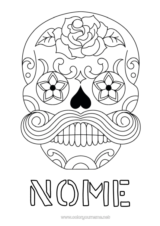 Página de desenho para imprimir Crânio Dia dos Mortos Bigode Calaveras, caveiras