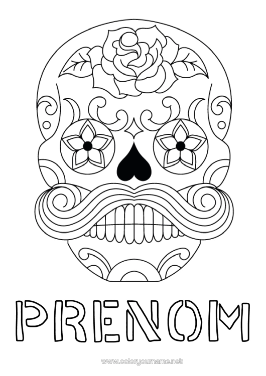 Coloriage à imprimer Crâne Día de los Muertos Moustache Calaveras, têtes de mort