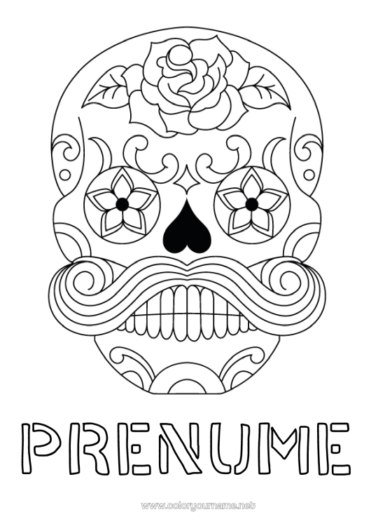 Pagină de colorat de imprimat Cranium Ziua Morților Mustață Calaveras, capete de mort