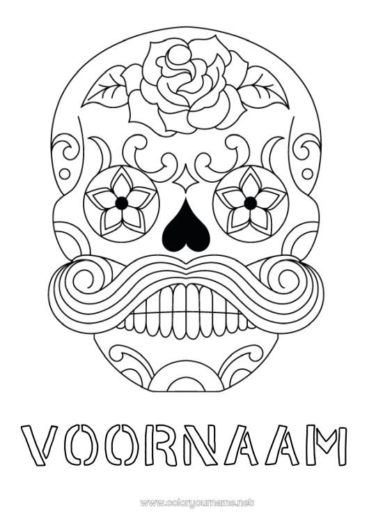 Kleurplaat om af te drukken Schedel Dia de los Muertos Snor Calaveras, schedels
