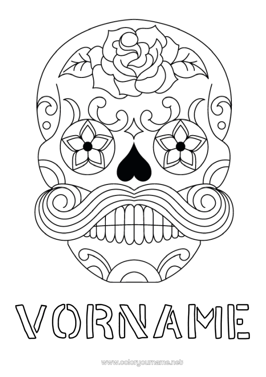 Malvorlage zum Ausdrucken Schädel Día de los Muertos Schnurrbart Calaveras, Schädel
