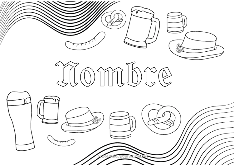 Dibujo para colorear para imprimir Bebidas Alemania Pretzel Cerveza Oktoberfest Salchicha