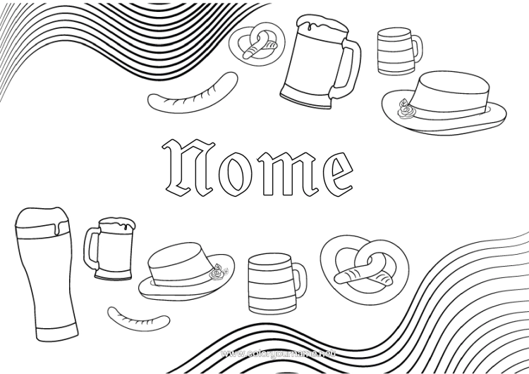 Pagina da colorare da stampare Bevanda Germania Bretzel Birra Oktoberfest Salsiccia