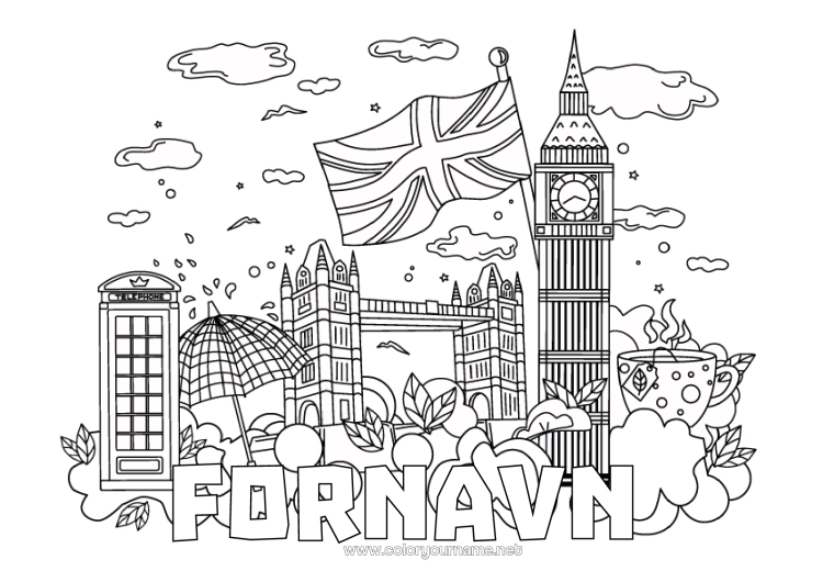 Fargeleggingssiden til utskrift London Storbritannia Flagg Symboler Monument Tårnbroen