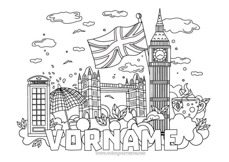 Malvorlage zum Ausdrucken London Vereinigtes Königreich Flagge Symbole Denkmal Turmbrücke