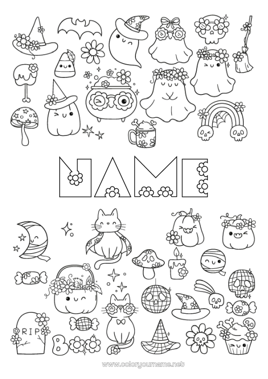 Coloring page to print Ghost Pumpkin Witch Black cat Magic pot Flowers Halloween Kawaii Autumn Jack O'Lantern