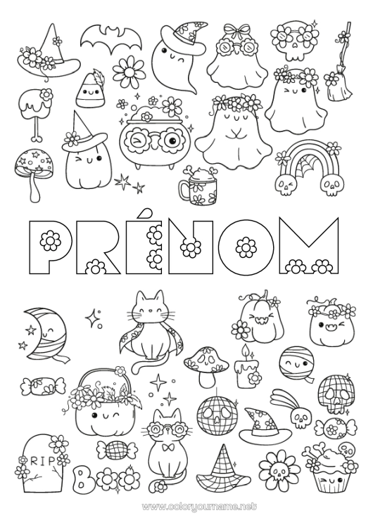 Coloriage à imprimer Fantôme Citrouille Sorcière Chat noir Chaudron magique Fleurs Halloween Kawaii Automne Jack O'Lantern