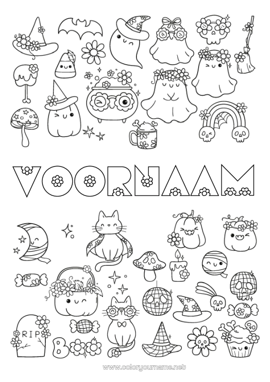 Kleurplaat om af te drukken Spook Pompoen Heks Zwarte kat Toverketel Bloemen Halloween Kawaii Herfst Jack O'Lantern