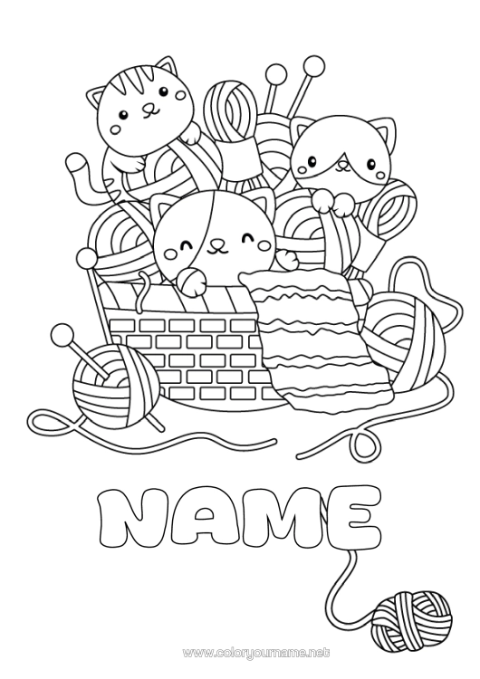 Colouring page to print Cat Cute Animal Basket Dogs And Cats Sewing Knitting