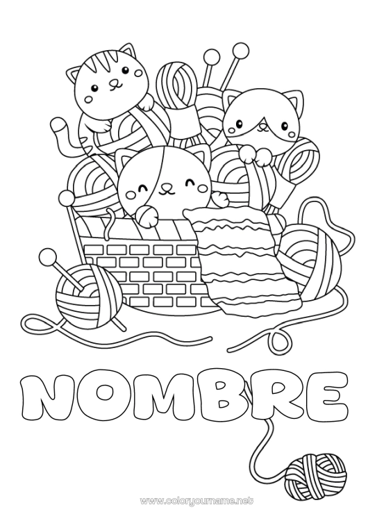 Dibujo para colorear para imprimir Cat Kawaii Animales Cesta Perros y gatos Costura Tricotar