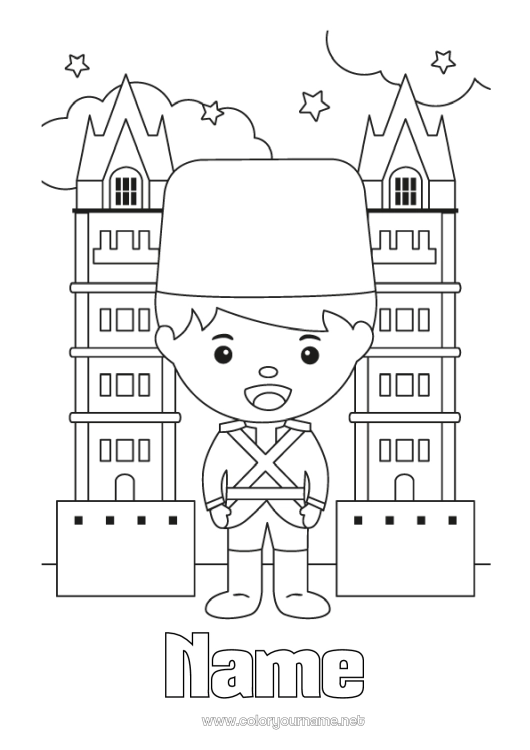 Coloring page to print London United Kingdom Bridge Monument Guard Tower Bridge
