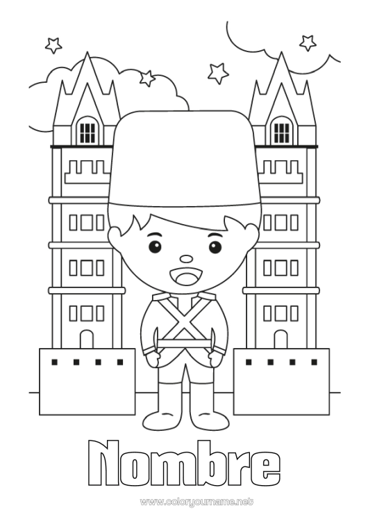 Dibujo para colorear para imprimir Londres Reino Unido Puente Monument Guarda Puente de la Torre