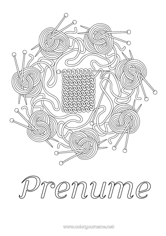 Pagină de colorat de imprimat Mandala Tricot - tricotat Ghemotoace de lână