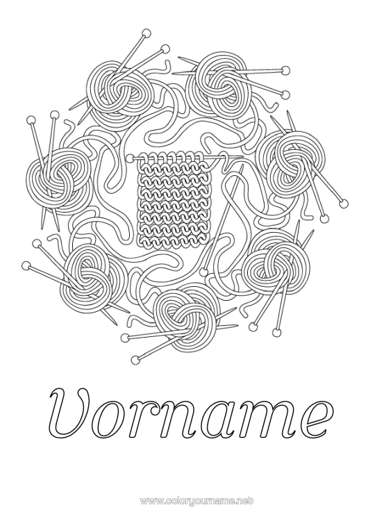 Malvorlage zum Ausdrucken Mandala Stricken Wollknäuel