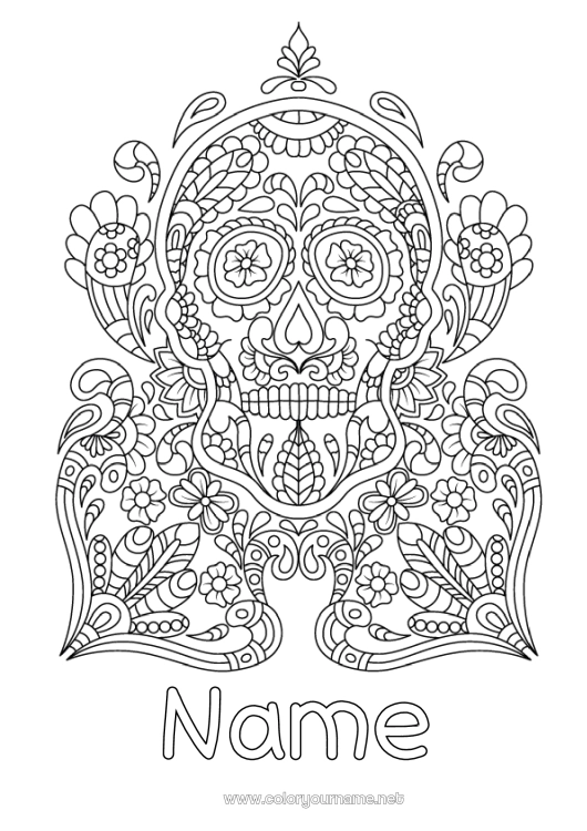 Coloring page to print Skull Día de los Muertos Mexico Calaveras, skulls