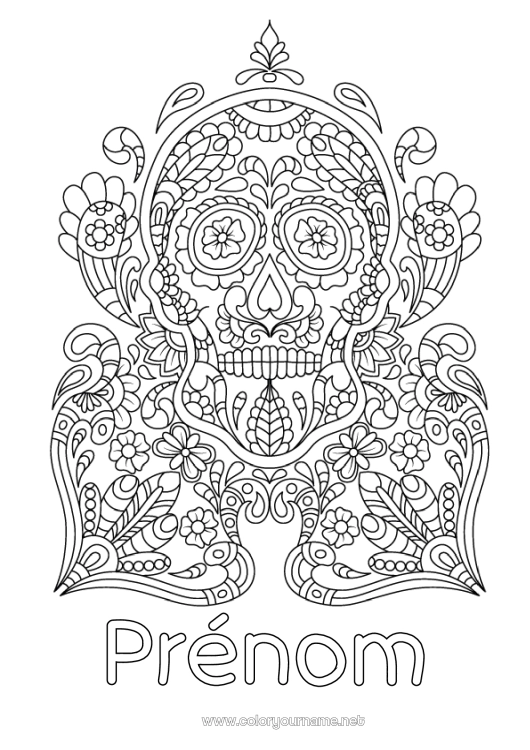Coloriage à imprimer Crâne Día de los Muertos Mexique Calaveras, têtes de mort