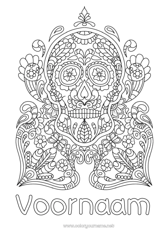 Kleurplaat om af te drukken Schedel Dia de los Muertos Mexico Calaveras, schedels