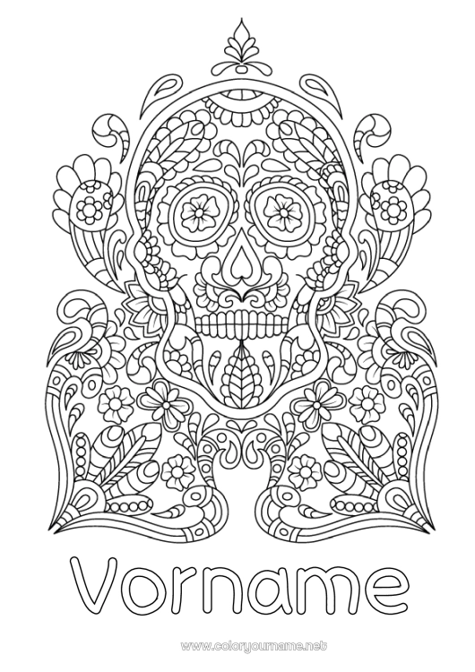 Malvorlage zum Ausdrucken Schädel Día de los Muertos Mexiko Calaveras, Schädel