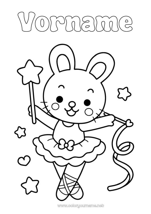 Malvorlage zum Ausdrucken Sport Kawaii Tanz Maus Tier Waldtiere Künstlerischer Sport Zauberstab