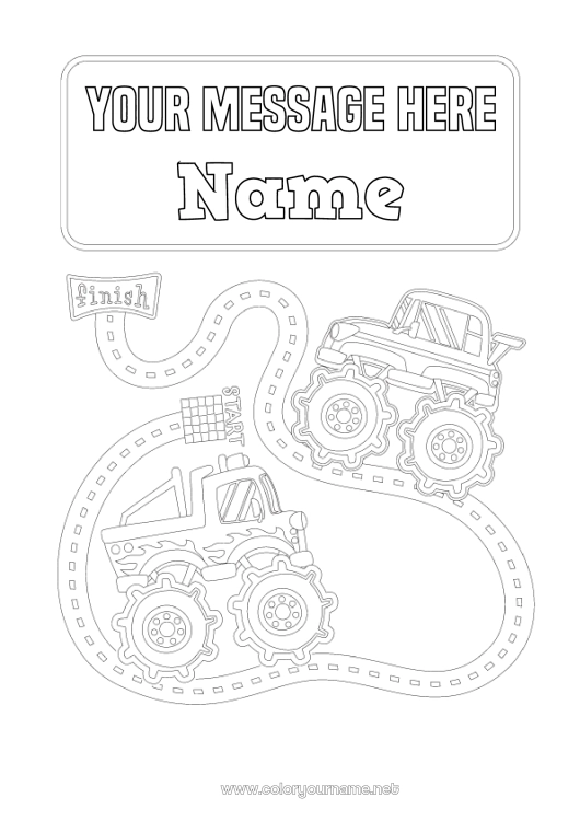 Coloring page to print Vehicles Car Cars, vans, and motorhomes Racing vehicles and tracks Character vehicles Monster truck Notebook Covers
