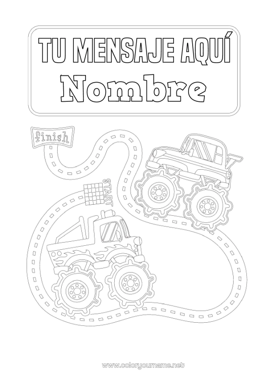 Dibujo para colorear para imprimir Vehículos Coches Automóviles, furgonetas y autocaravanas Vehículos de carreras y pistas Vehículos con personajes Coche monstruo Portadas de Cuaderno