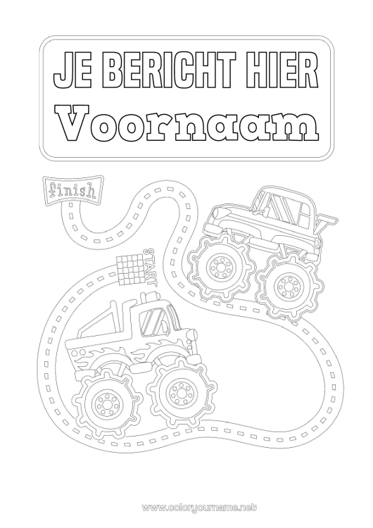 Kleurplaat om af te drukken Voertuigen Auto Auto's, busjes en campers Racewagens en circuits Voertuigpersonages Monstertruck Schrijfkaften